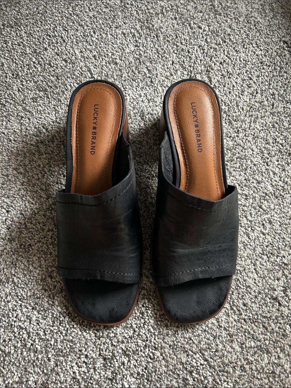 Lucky Brand Black Leather Open-Toe Slide Mules. Excellent condition.